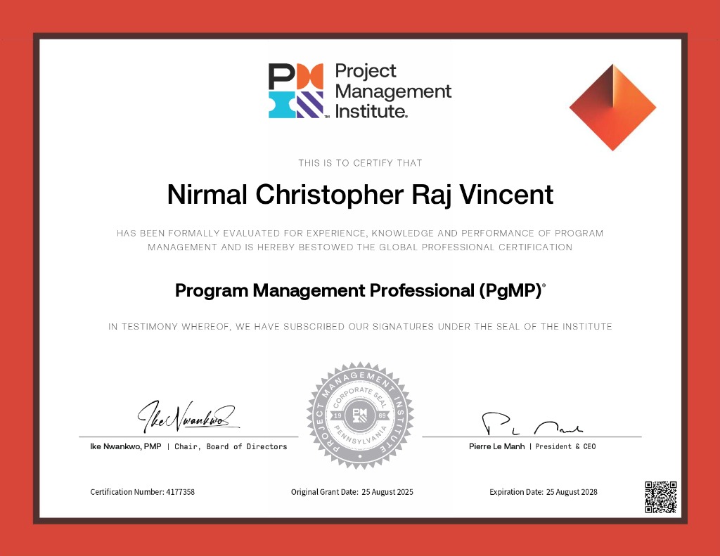 PgMP Certificate - Nirmal Christopher