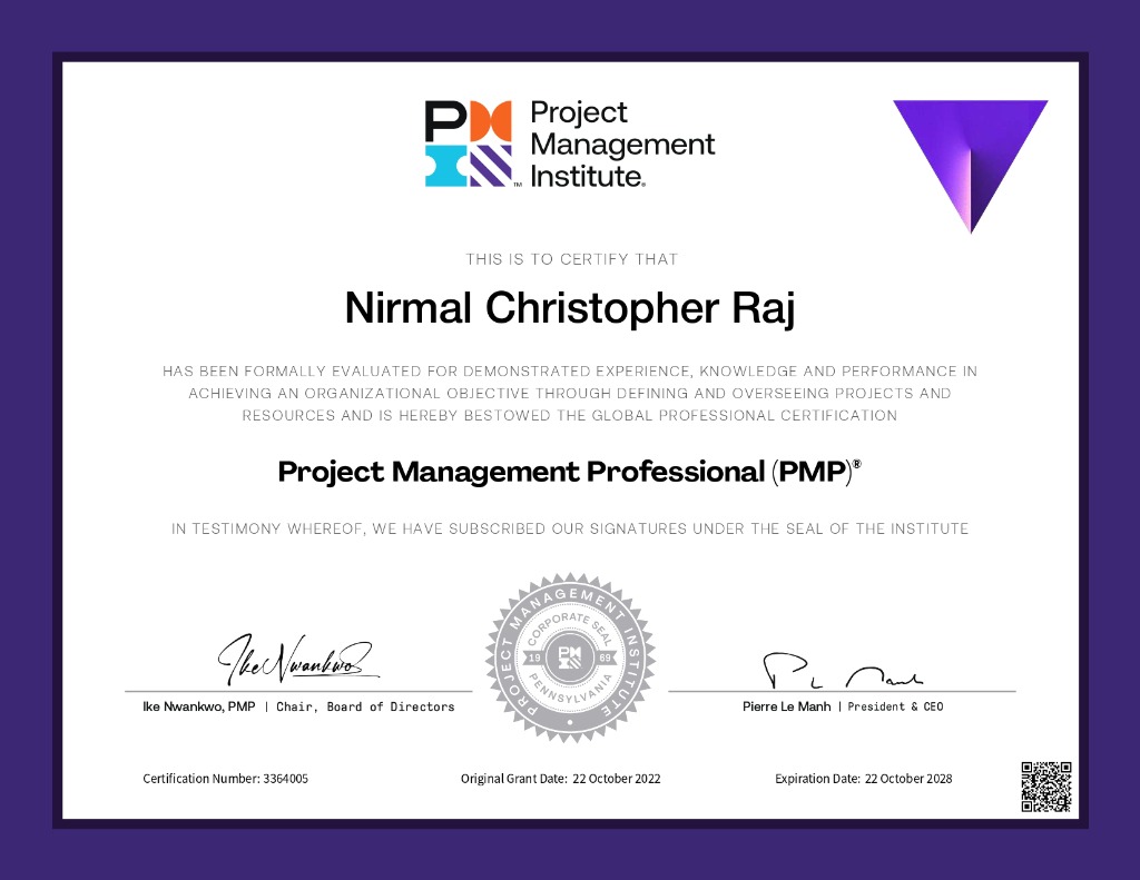 PMP Certificate - Nirmal Christopher
